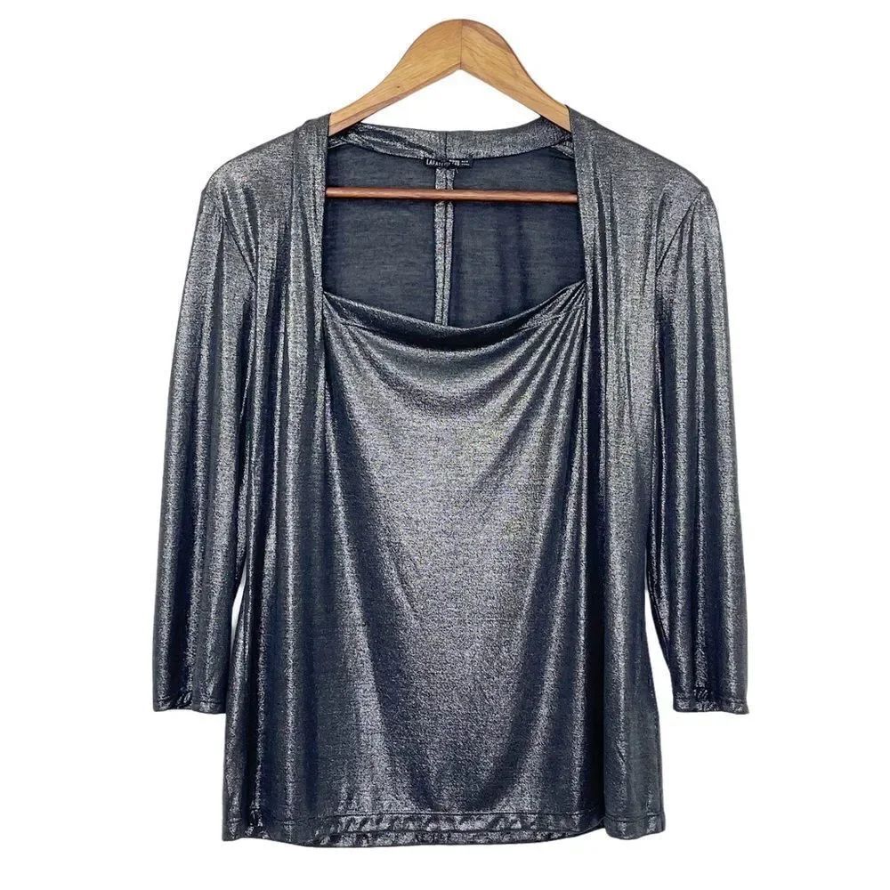 Lafayette 148 Giada Square Neck 3/4 Sleeve Top Metallic Size Small